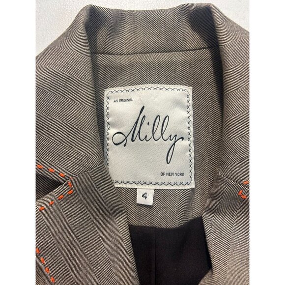 Milly  New York Brown Herringbone Blazer With Orange Stitching Size 4 - Picture 5 of 5